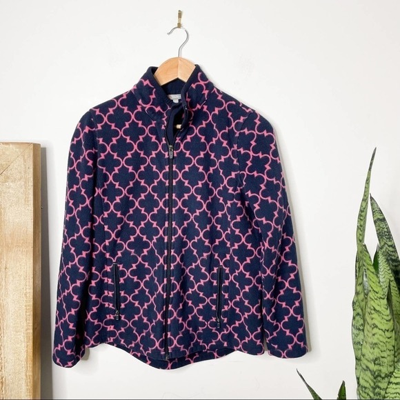 Talbots Trellis Print Full Zip Fleece Jacket/Coat in Navy/Pink Size M Medium - Picture 2 of 6